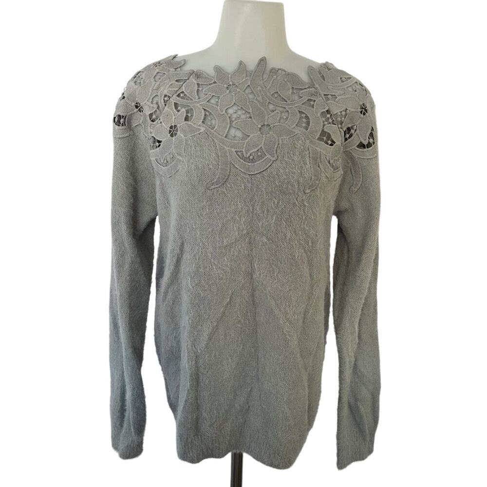 En Creme Gray Fuzzy Floral Lace Neckline Sweater Medium/Large Cozy Winter Basic